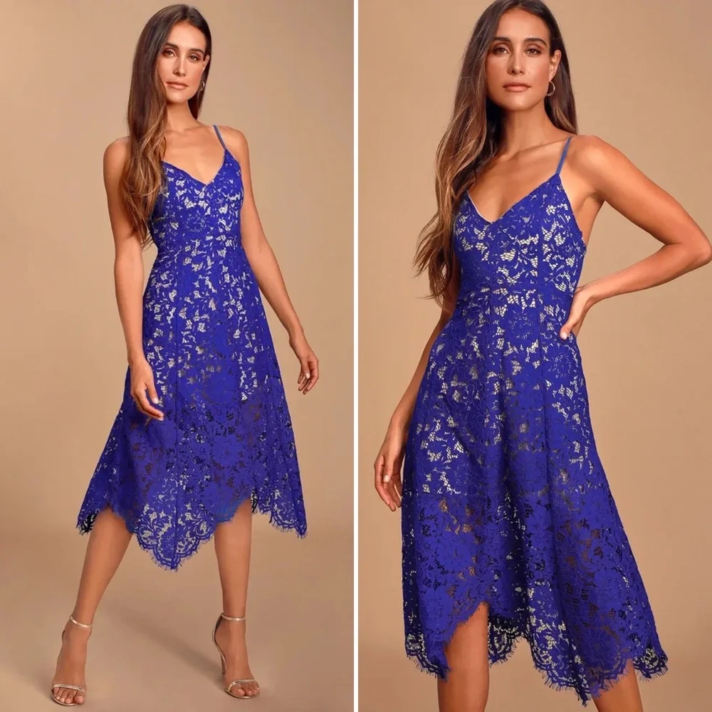 LULUS One Wish Royal Blue Lace Midi Dress V Neck Asymmetrical Hem Thin Strap Sm